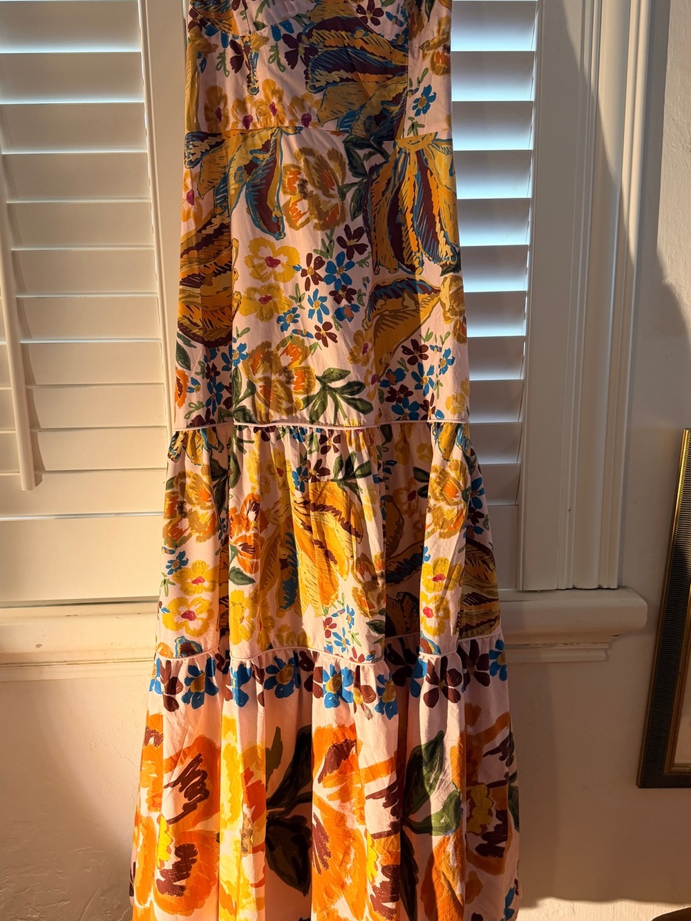 FARM Rio Yellow and Pink Floral Tiered Midi Dress